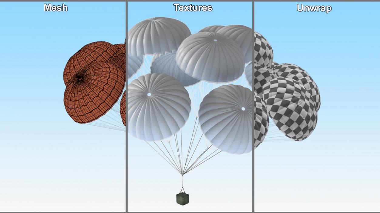 3D Cluster of Military Parachutes with Cargo