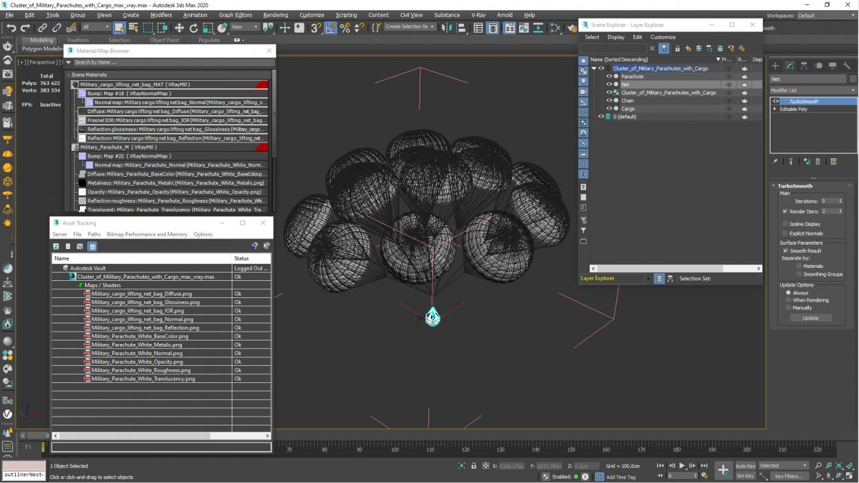 3D Cluster of Military Parachutes with Cargo