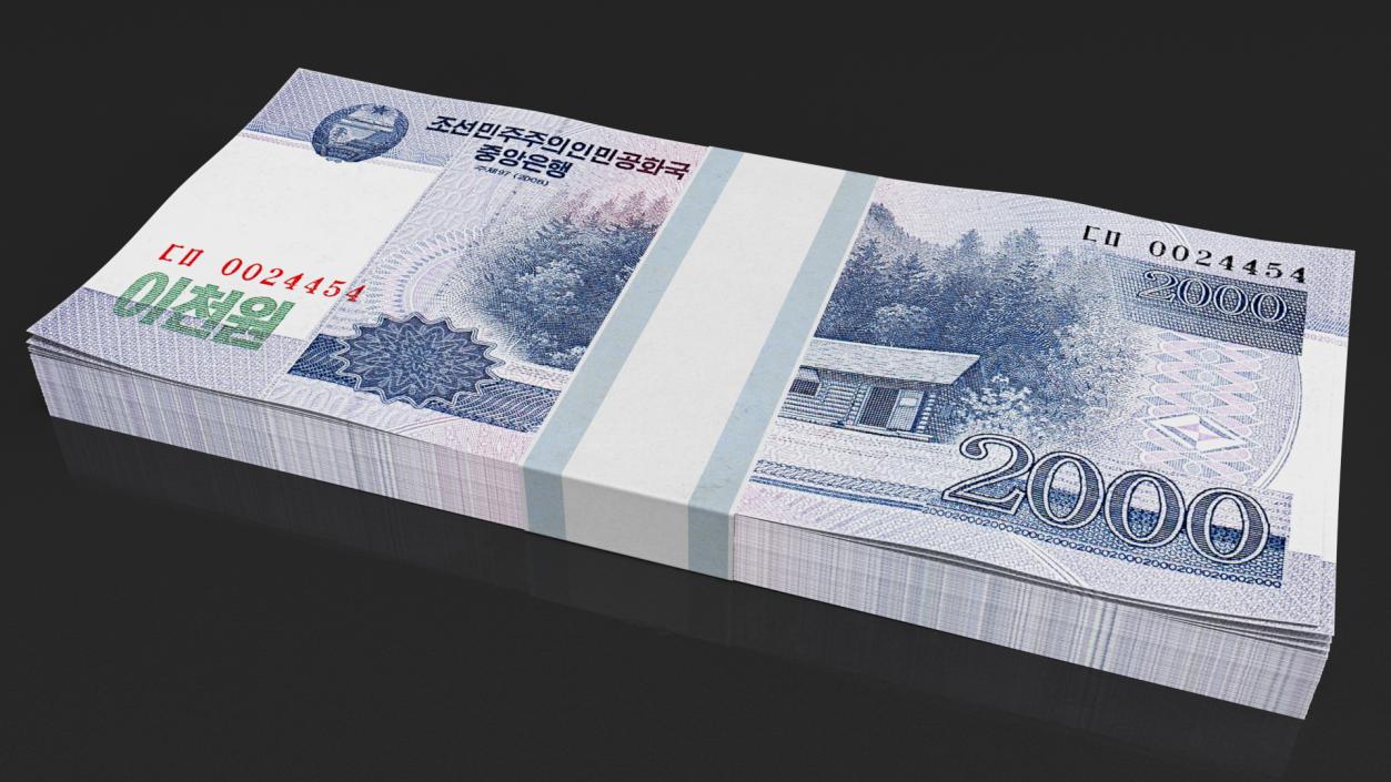 North Korea 2000 Won Banknotes Bundle 3D