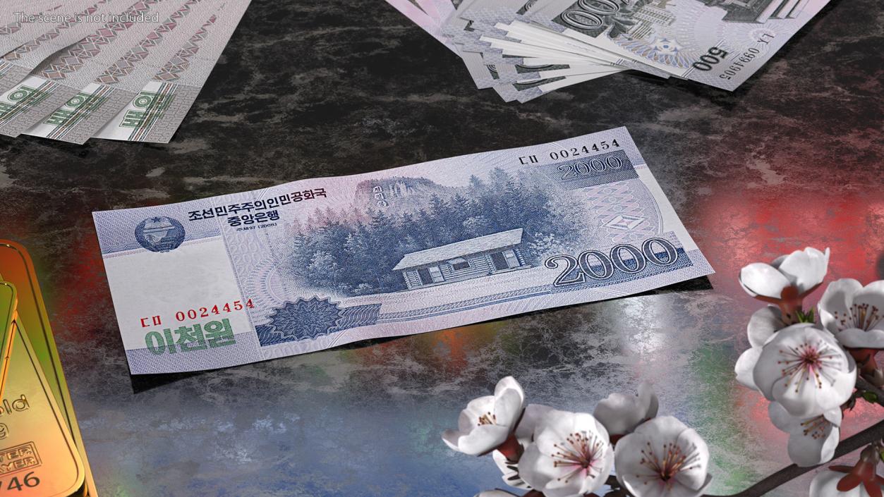 North Korea 2000 Won Banknotes Bundle 3D