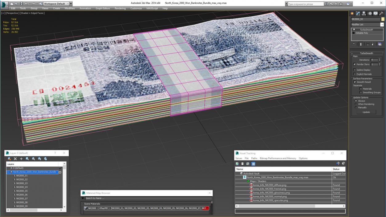 North Korea 2000 Won Banknotes Bundle 3D