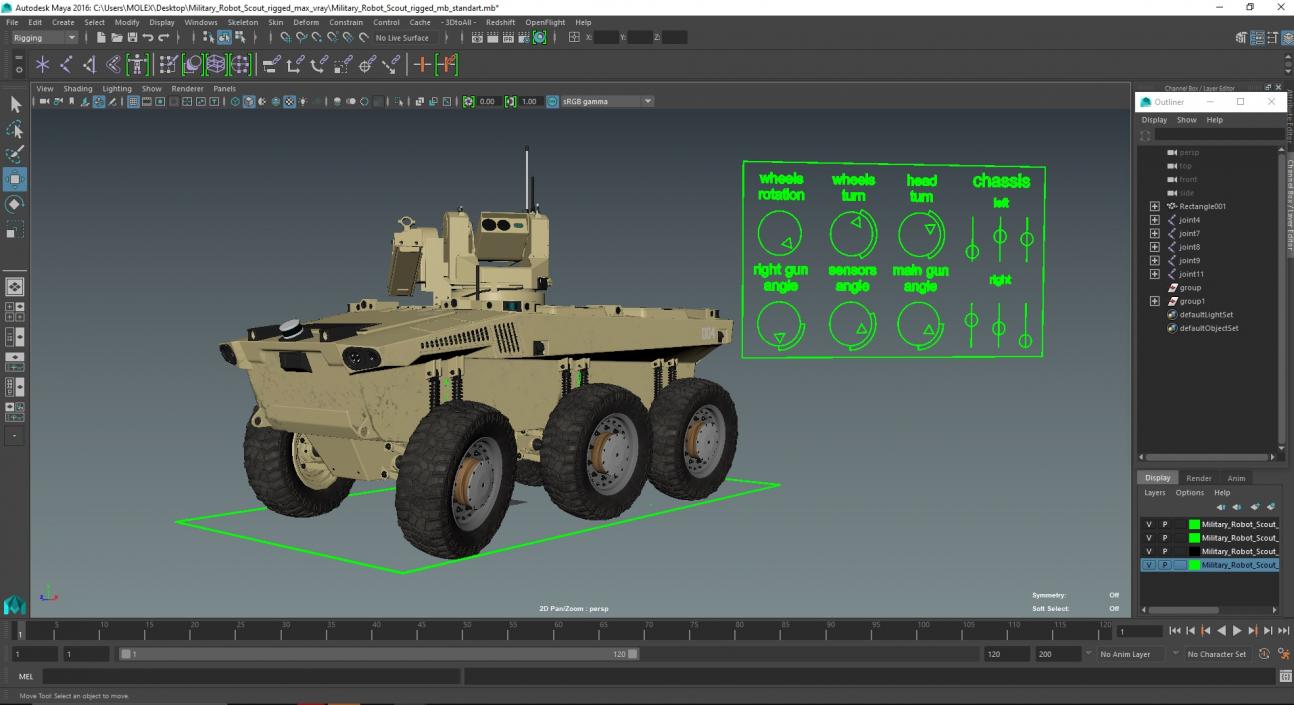 3D Military Robot Scout Rigged for Maya