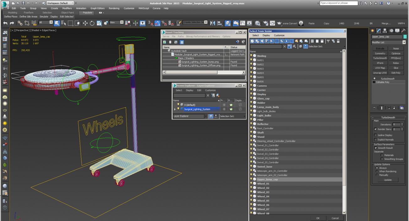 3D Modular Surgical Light System Rigged