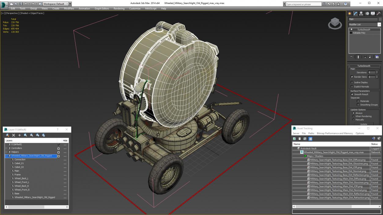 Wheeled Military Searchlight Old Rigged 3D model