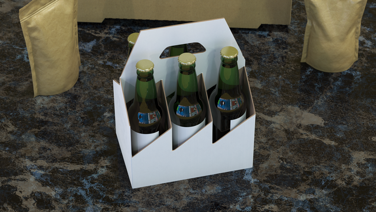 Cardboard Carrier Box with Beer Bottles 3D model