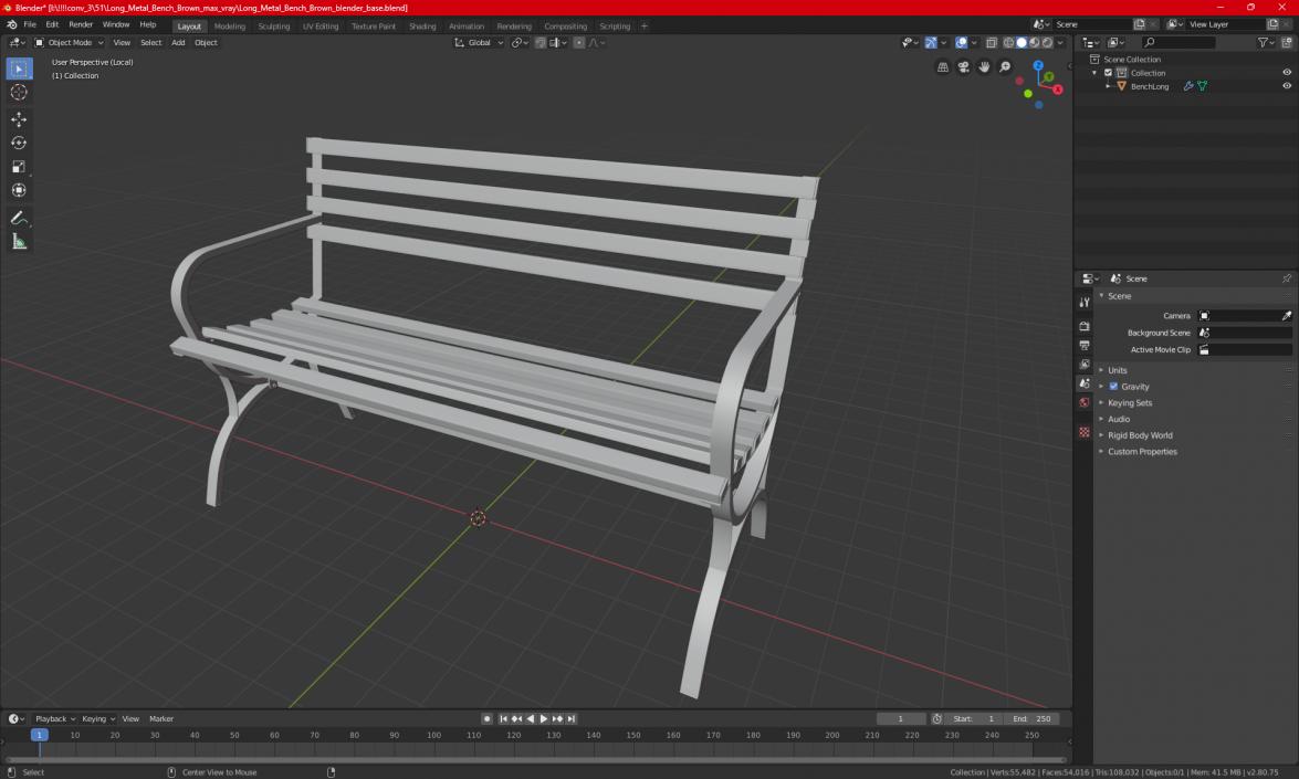 Long Metal Bench Brown 3D