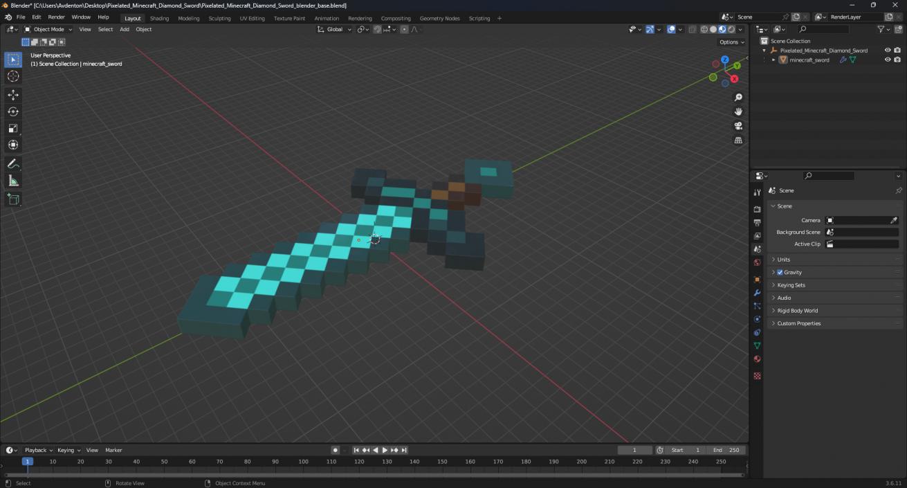 3D Pixelated Minecraft Diamond Sword model