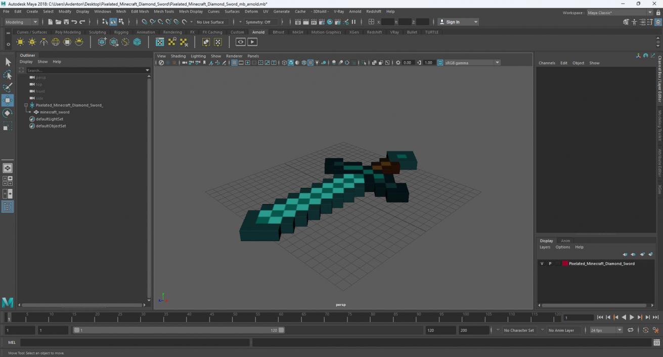 3D Pixelated Minecraft Diamond Sword model