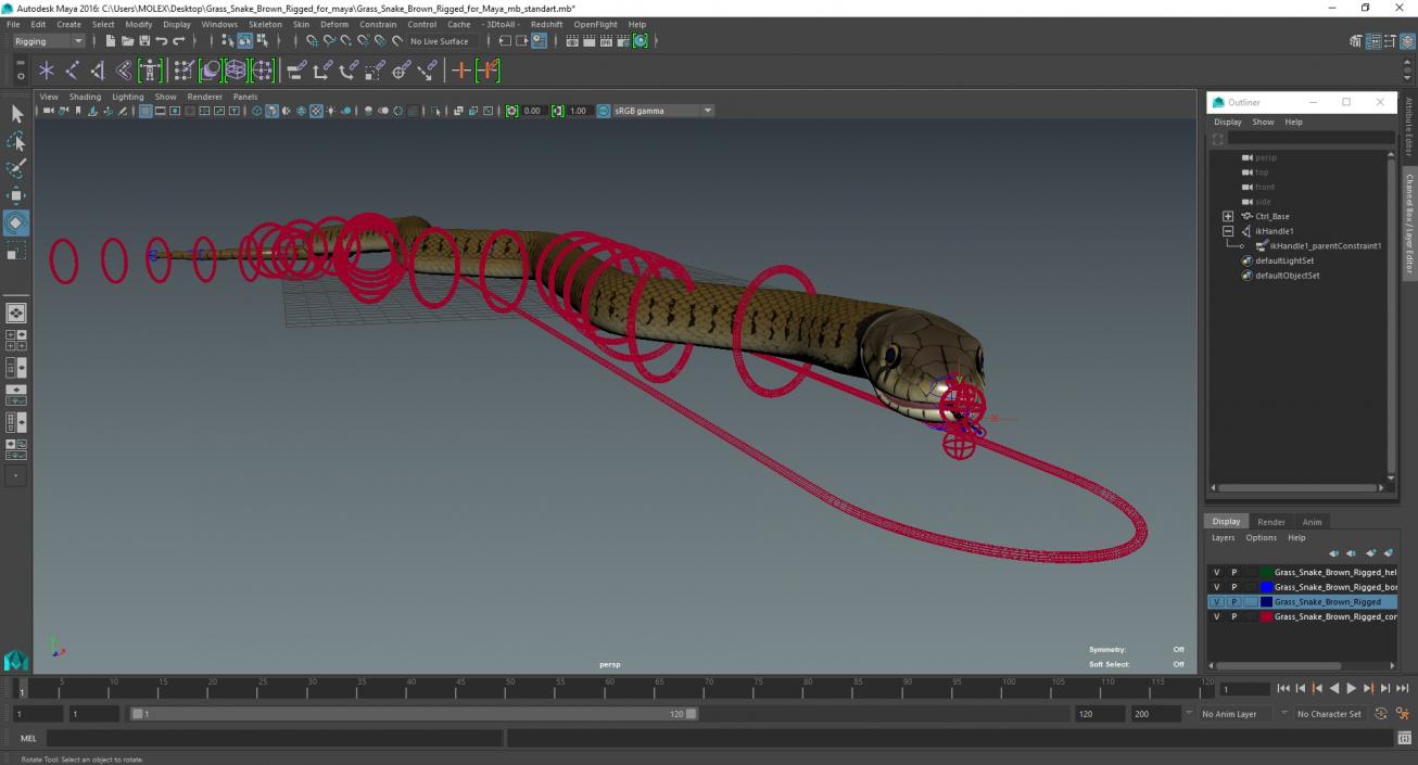 3D model Grass Snake Brown Rigged for Maya 2