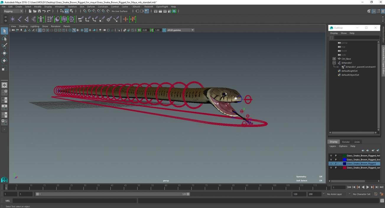 3D model Grass Snake Brown Rigged for Maya 2