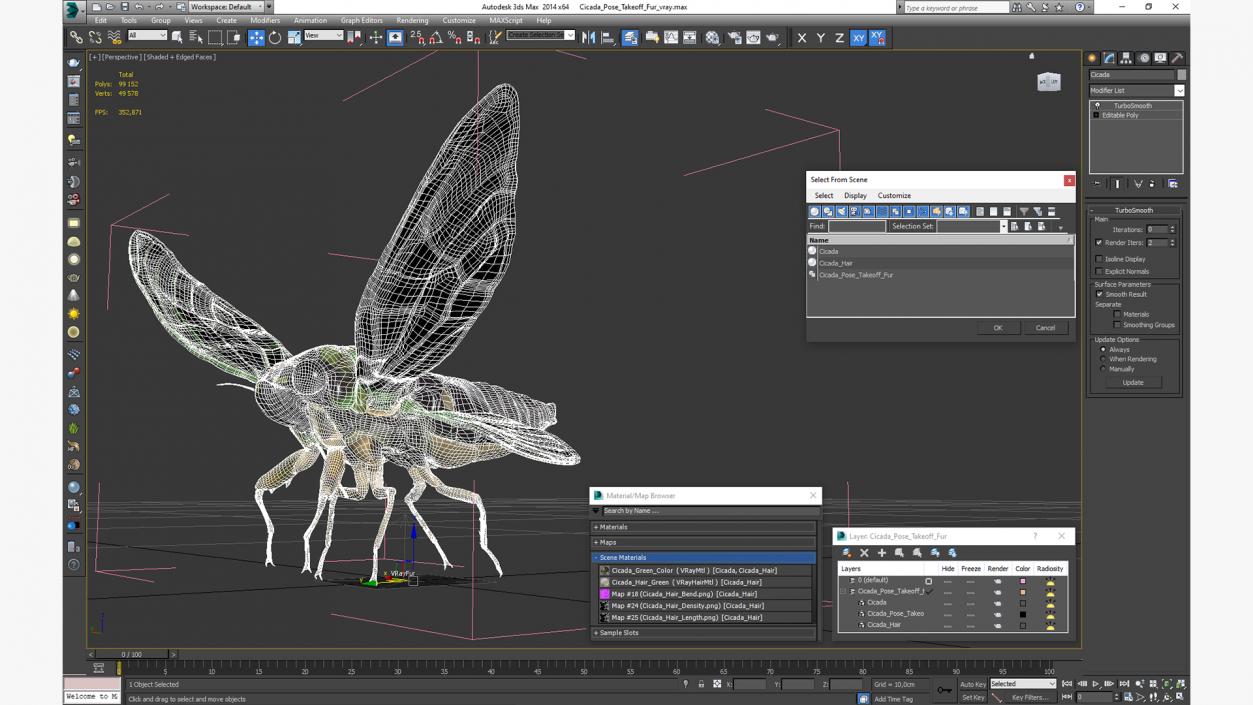 3D Cicada Pose Takeoff Fur model