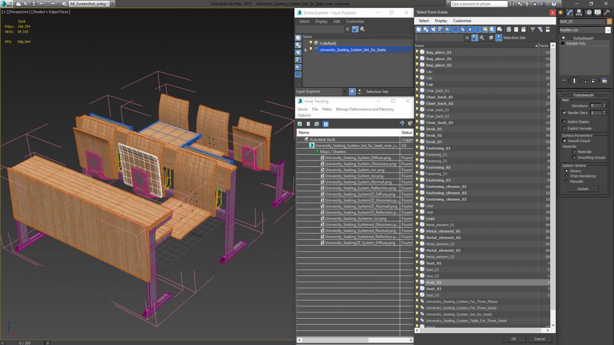 University Seating System Set Six Seats 3D model