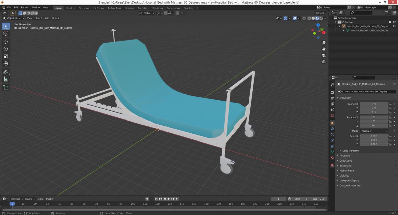 Hospital Bed with Mattress 60 Degrees 3D