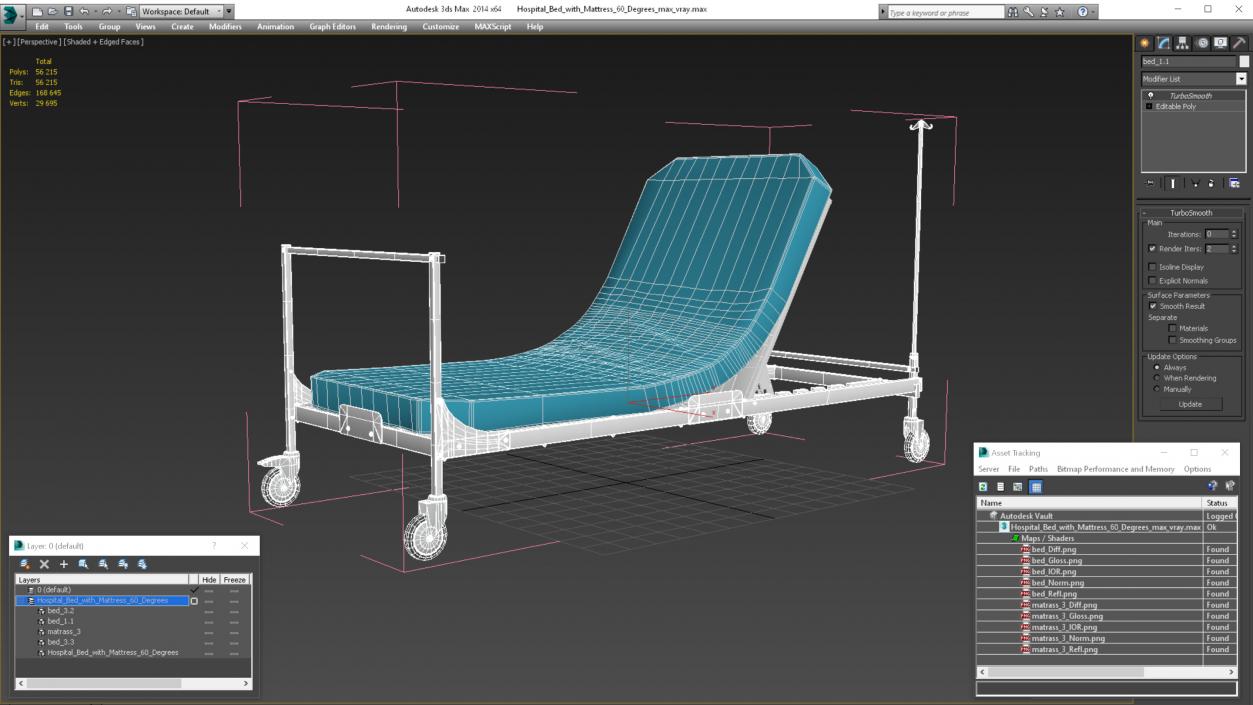 Hospital Bed with Mattress 60 Degrees 3D