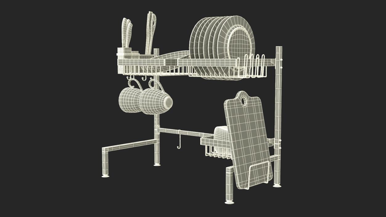 Over Sink Dish Drying Metal Rack with Kitchenware 3D model