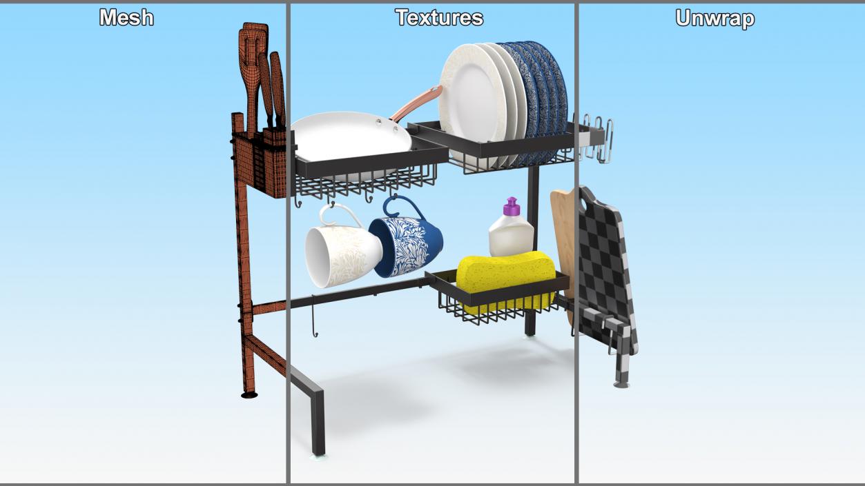 Over Sink Dish Drying Metal Rack with Kitchenware 3D model