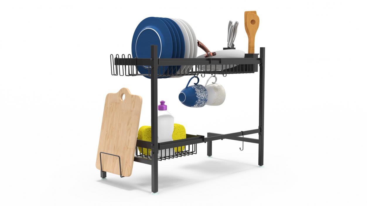 Over Sink Dish Drying Metal Rack with Kitchenware 3D model