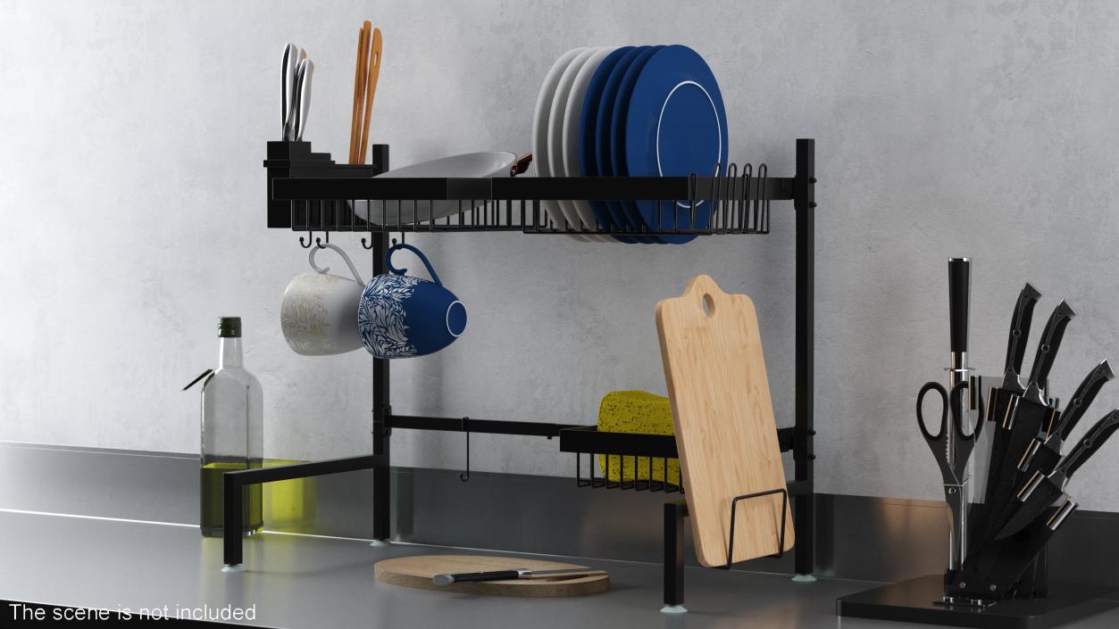 Over Sink Dish Drying Metal Rack with Kitchenware 3D model