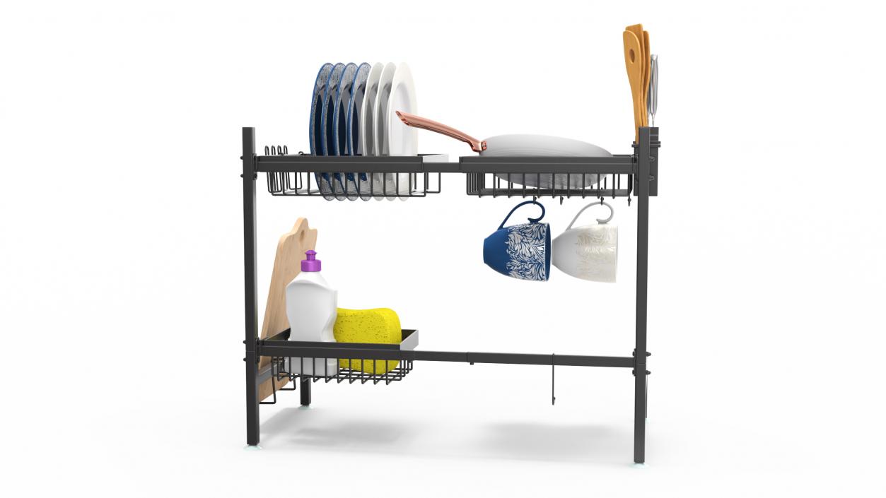 Over Sink Dish Drying Metal Rack with Kitchenware 3D model