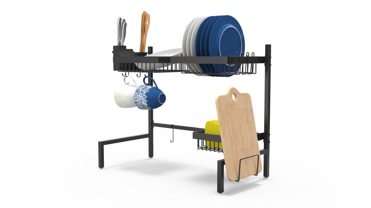 Over Sink Dish Drying Metal Rack with Kitchenware 3D model