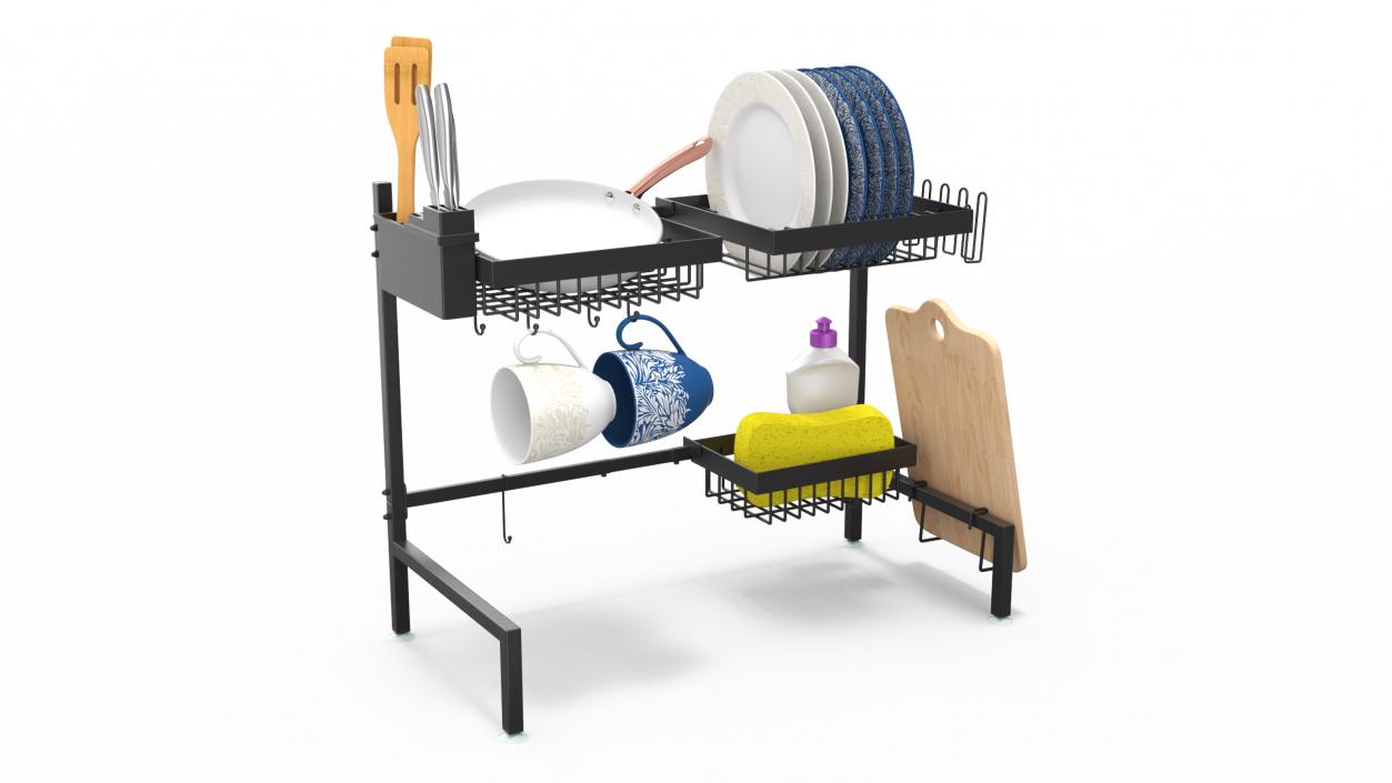 Over Sink Dish Drying Metal Rack with Kitchenware 3D model