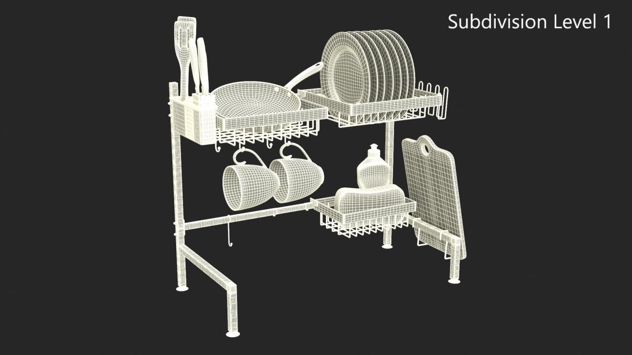 Over Sink Dish Drying Metal Rack with Kitchenware 3D model