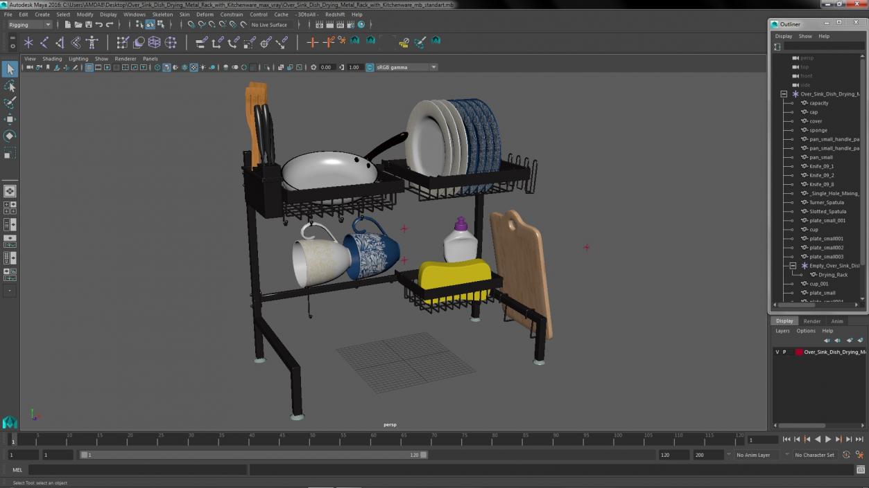 Over Sink Dish Drying Metal Rack with Kitchenware 3D model