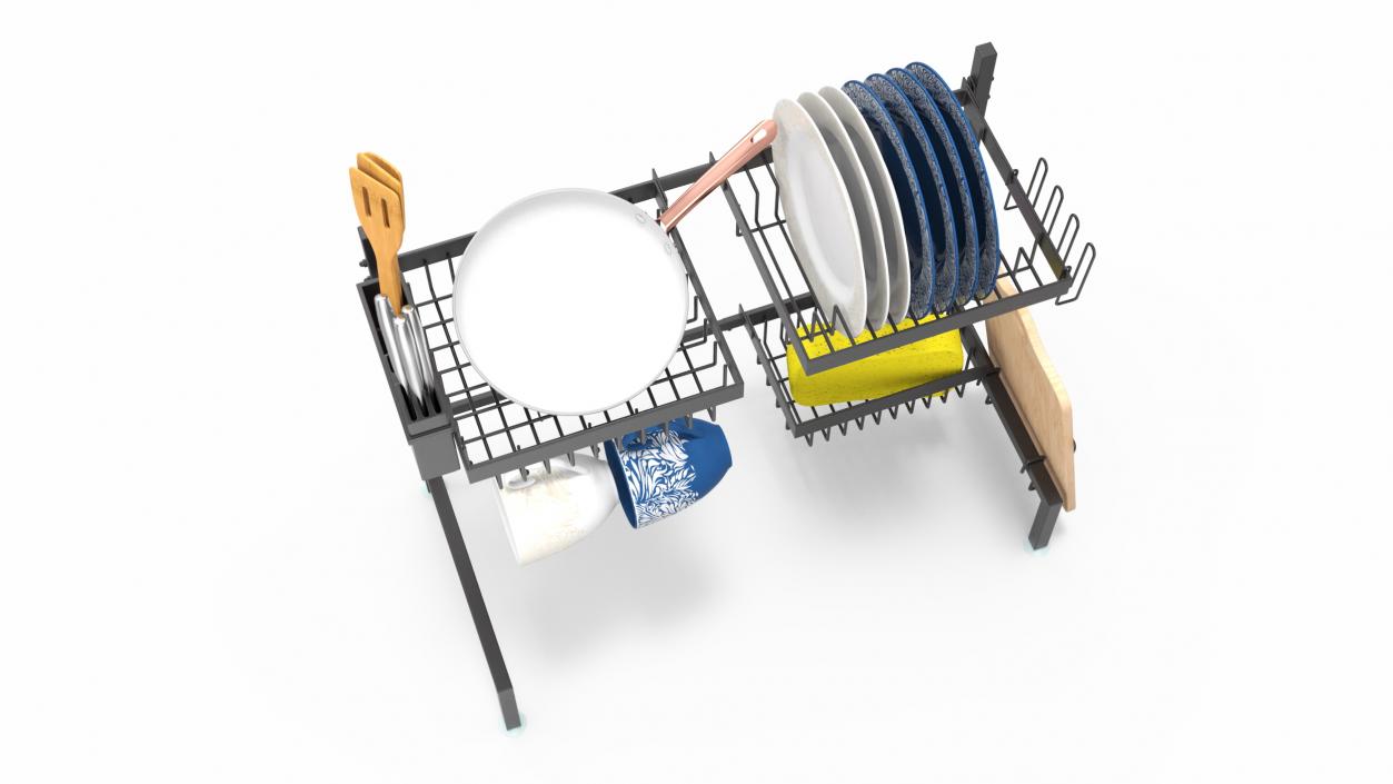 Over Sink Dish Drying Metal Rack with Kitchenware 3D model