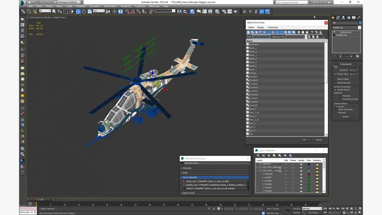 T129 ATAK Green Helicopter Rigged for Maya 3D