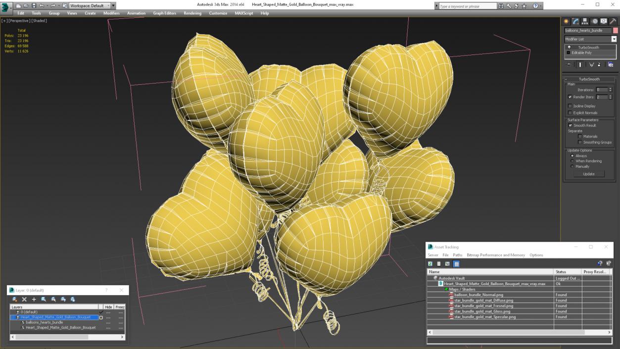 Heart Shaped Matte Gold Balloon Bouquet 3D model