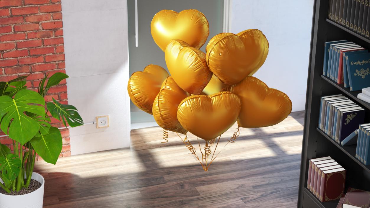 Heart Shaped Matte Gold Balloon Bouquet 3D model