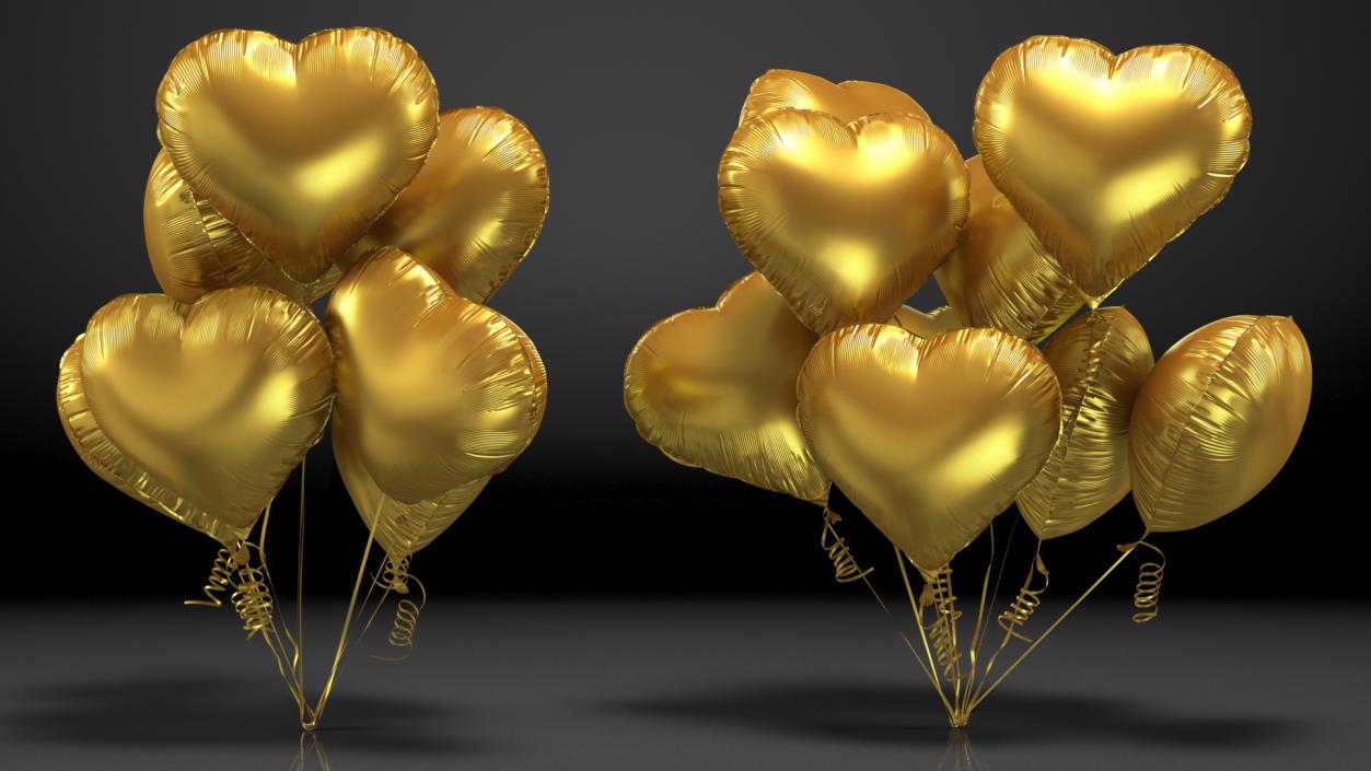 Heart Shaped Matte Gold Balloon Bouquet 3D model