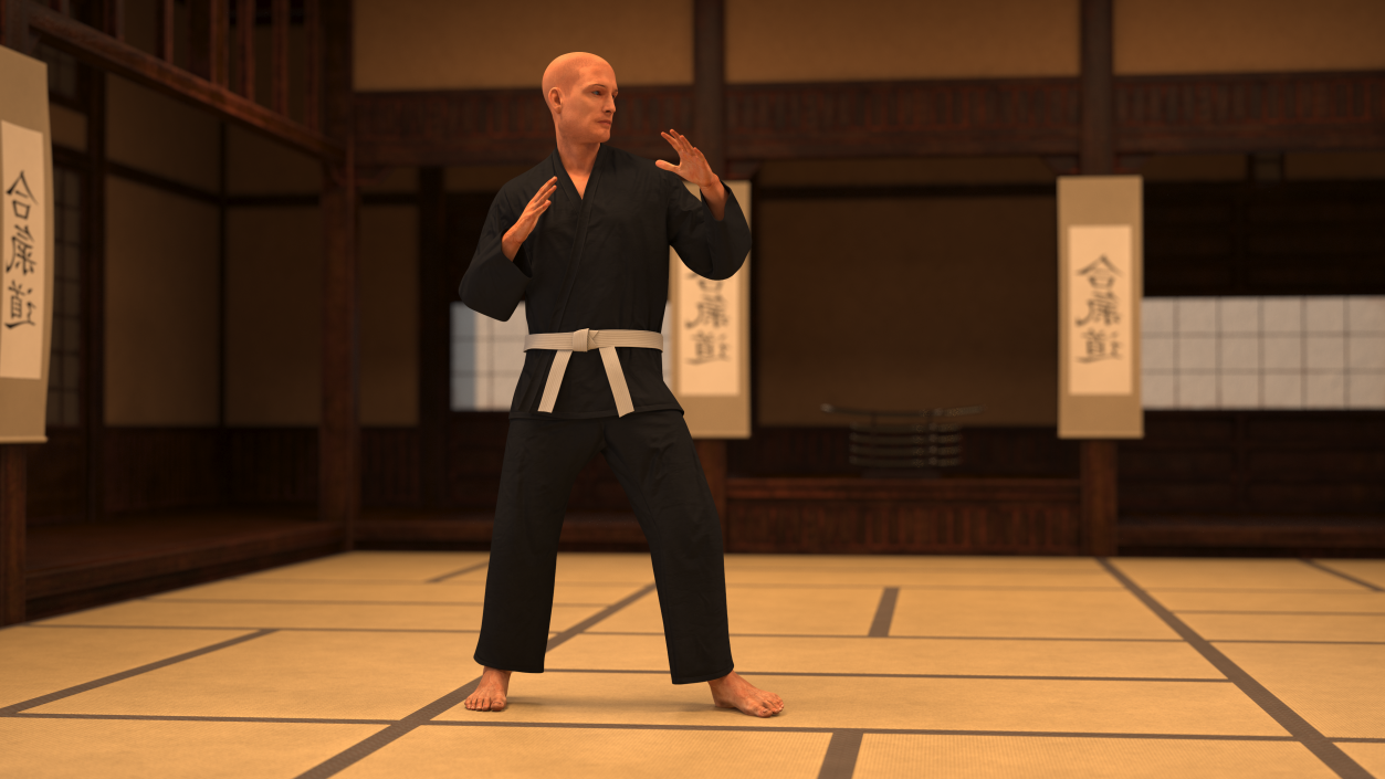 3D Karate Fighter Black Suit with Fur Rigged