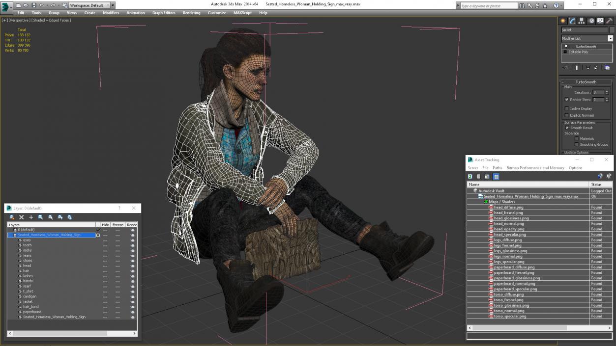 Seated Homeless Woman Holding Sign 3D model