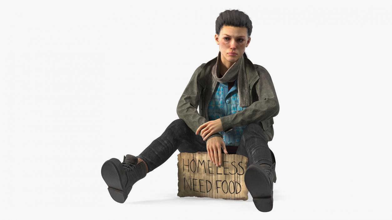 Seated Homeless Woman Holding Sign 3D model