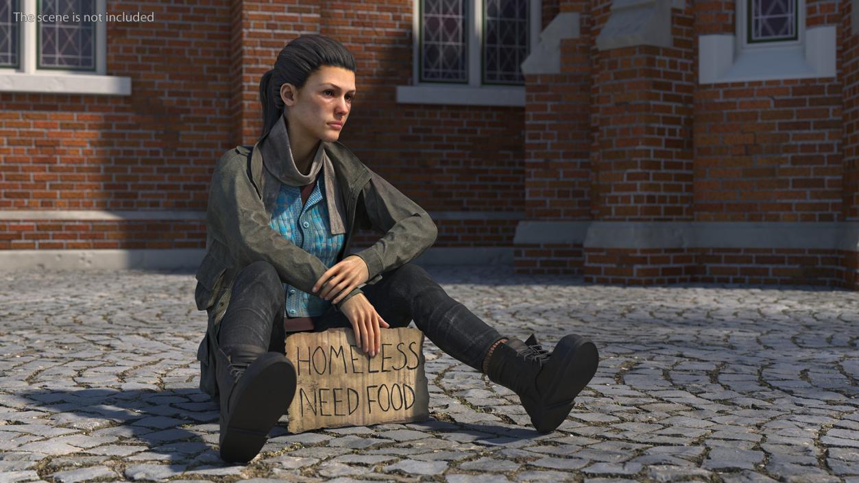 Seated Homeless Woman Holding Sign 3D model