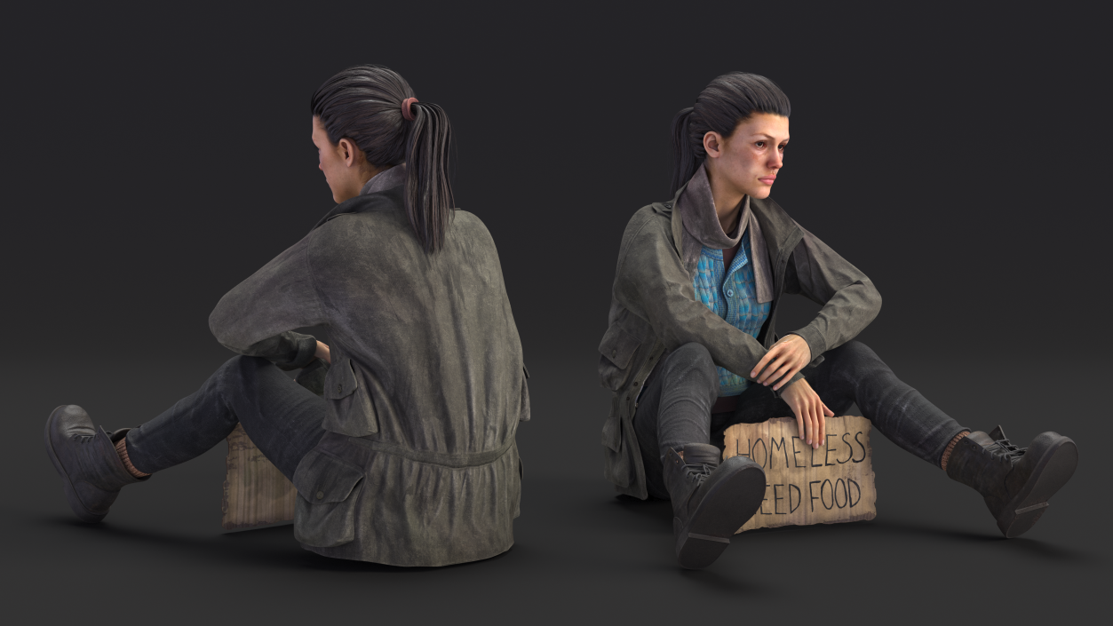 Seated Homeless Woman Holding Sign 3D model