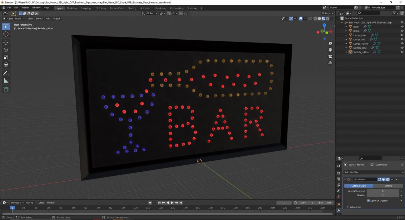 3D Bar Neon LED Light OFF Business Sign