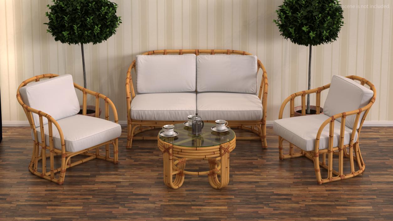 Vintage Bamboo Furniture with Cushions Set 3D