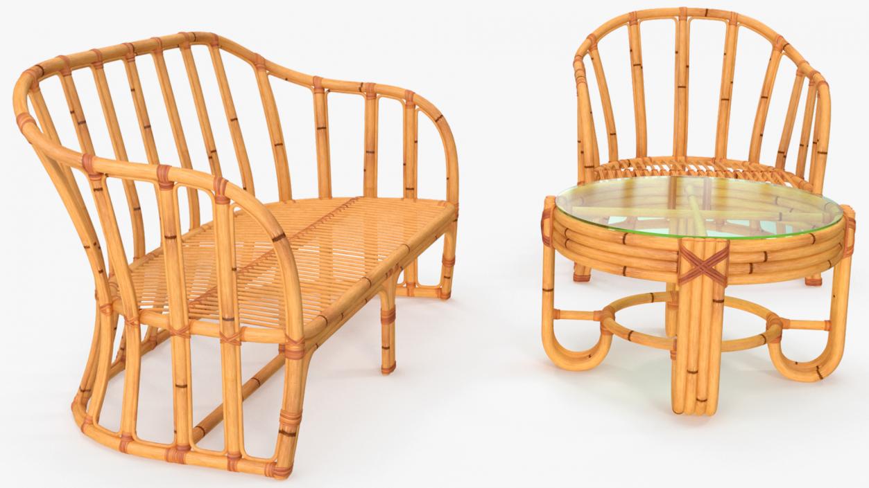 Vintage Bamboo Furniture with Cushions Set 3D