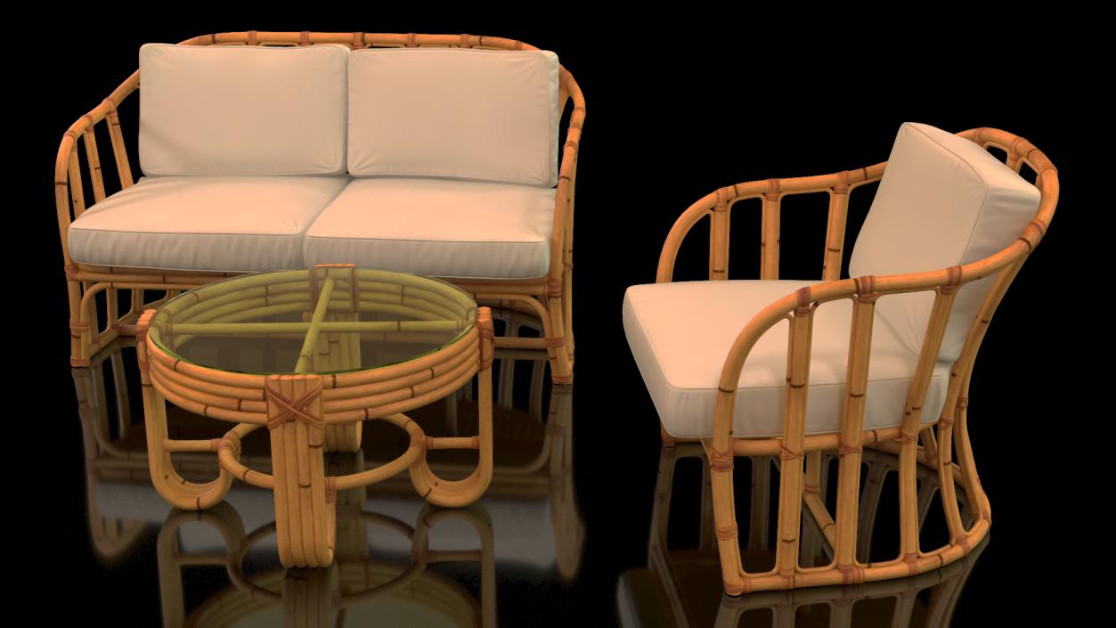 Vintage Bamboo Furniture with Cushions Set 3D