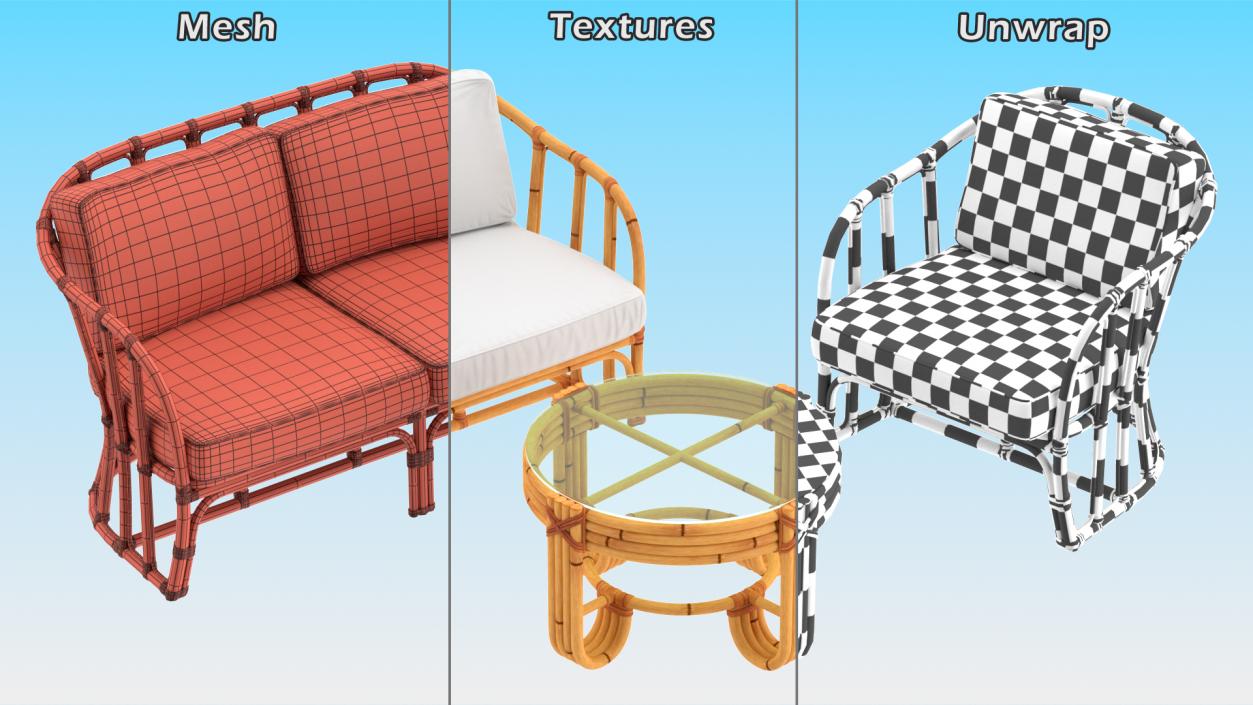 Vintage Bamboo Furniture with Cushions Set 3D