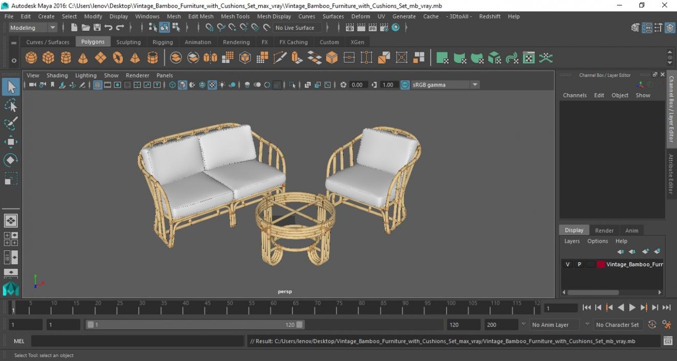 Vintage Bamboo Furniture with Cushions Set 3D