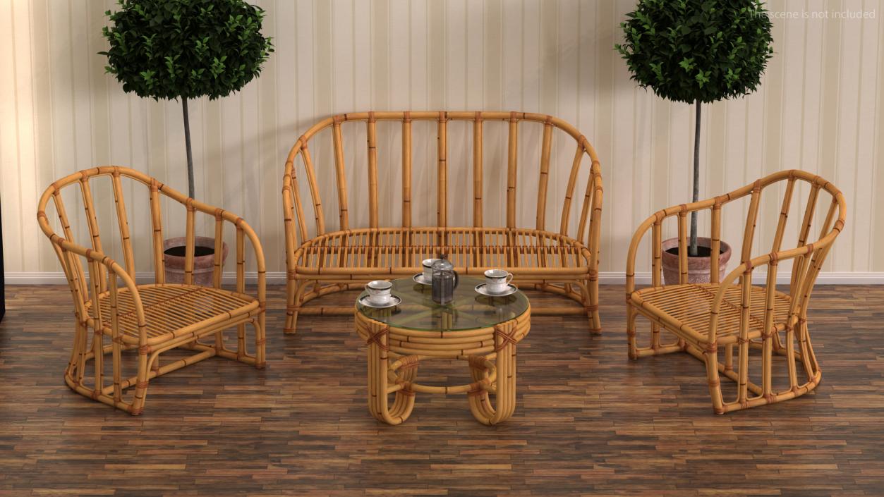 Vintage Bamboo Furniture with Cushions Set 3D