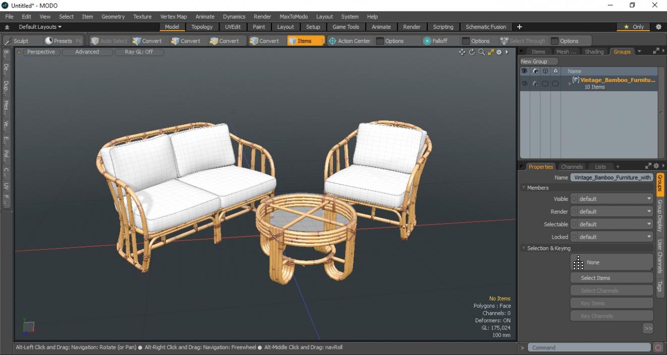 Vintage Bamboo Furniture with Cushions Set 3D