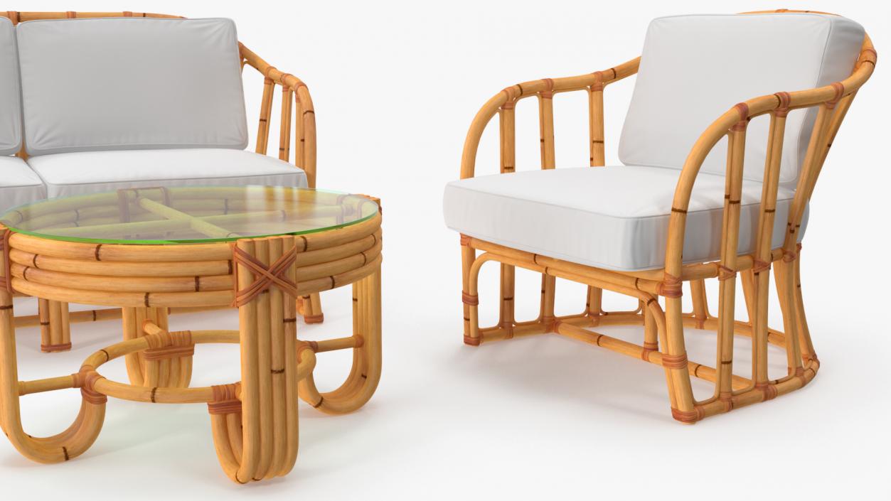 Vintage Bamboo Furniture with Cushions Set 3D