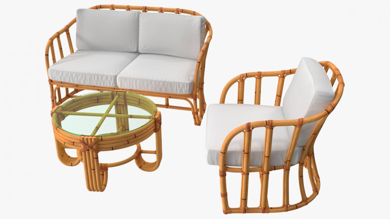 Vintage Bamboo Furniture with Cushions Set 3D