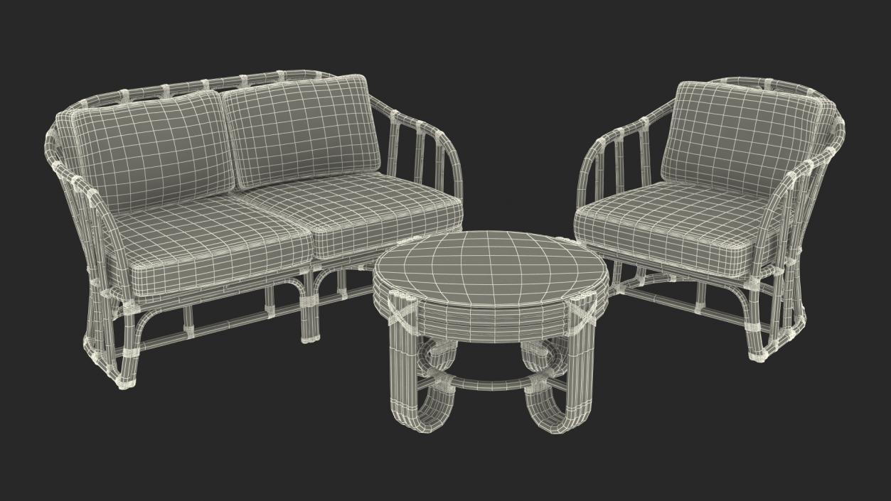 Vintage Bamboo Furniture with Cushions Set 3D