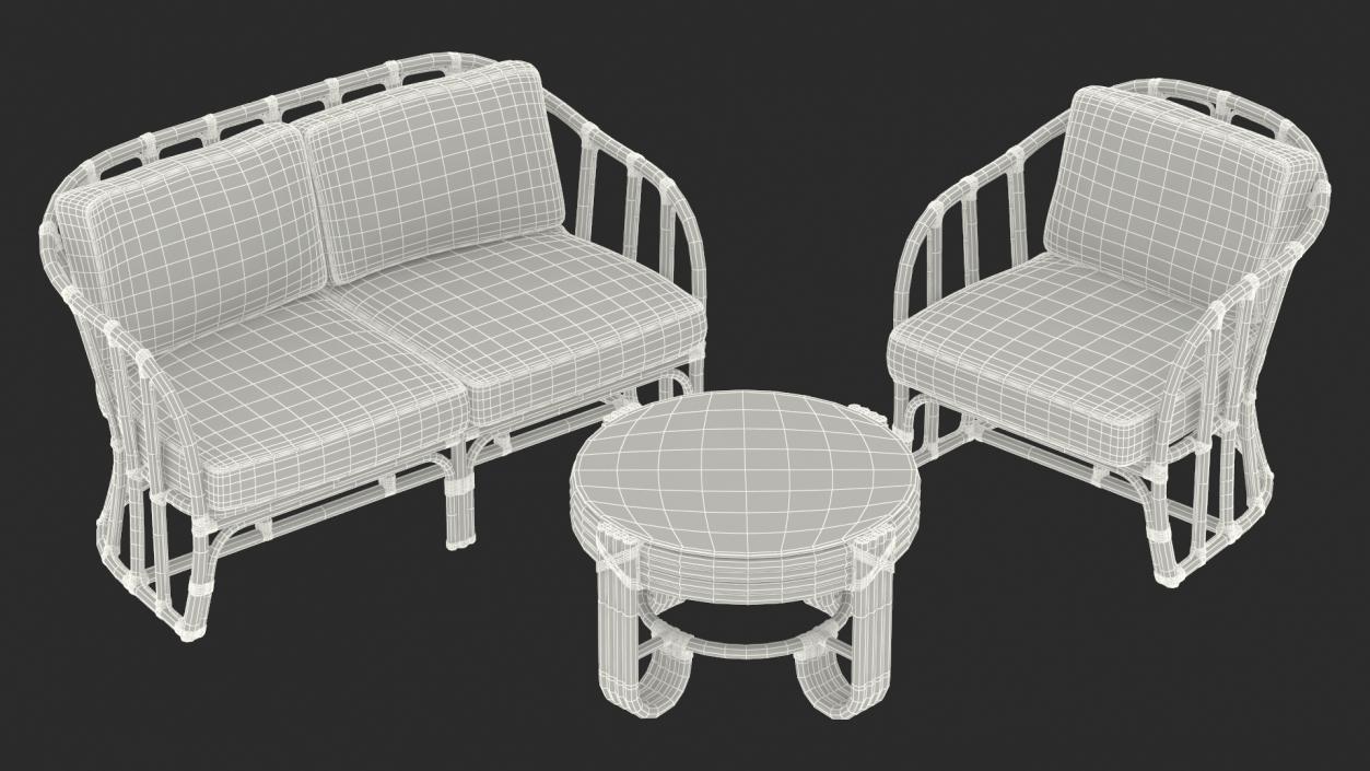 Vintage Bamboo Furniture with Cushions Set 3D