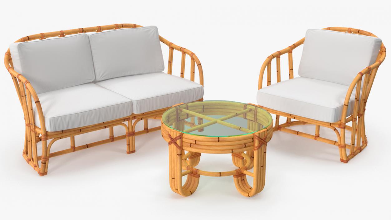 Vintage Bamboo Furniture with Cushions Set 3D